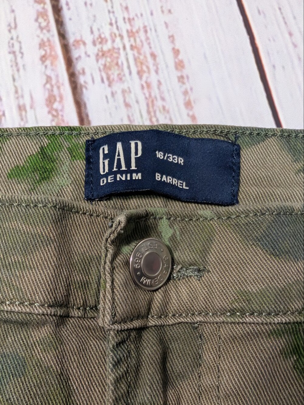GAP High Rise Barrel Jeans Green Olive Floral Print Utility Size 16 - Picture 7 of 11